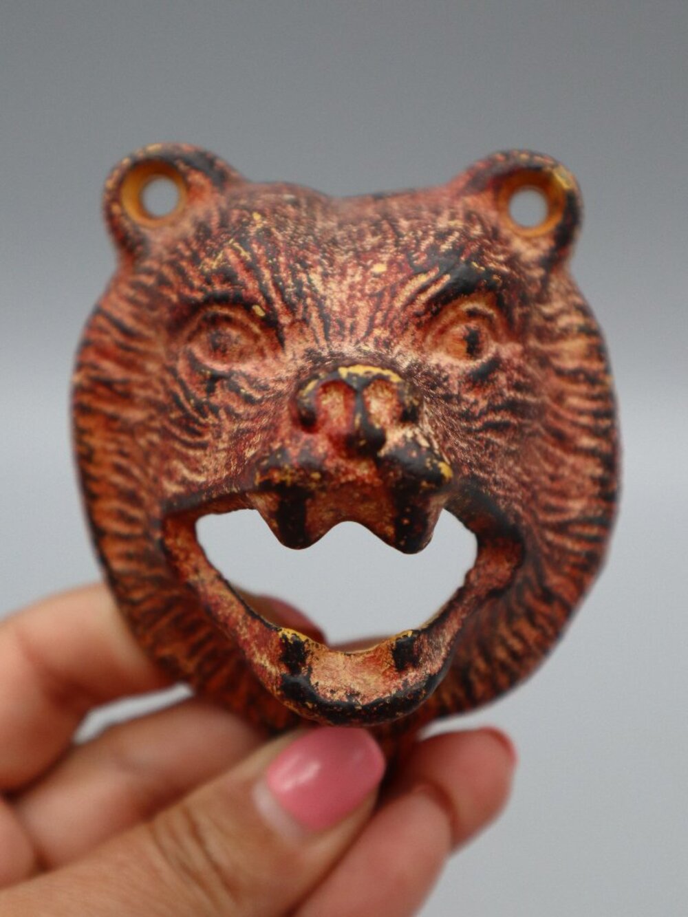 Vtg Cast Iron Grizzly Bear Bottle Opener Wall Mount Orange Cabincore Man Cave